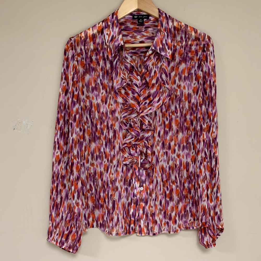 🆕  Tres Jolie Colorful Sheer Ruffle Front Button Down Blouse Top Women’s Medium